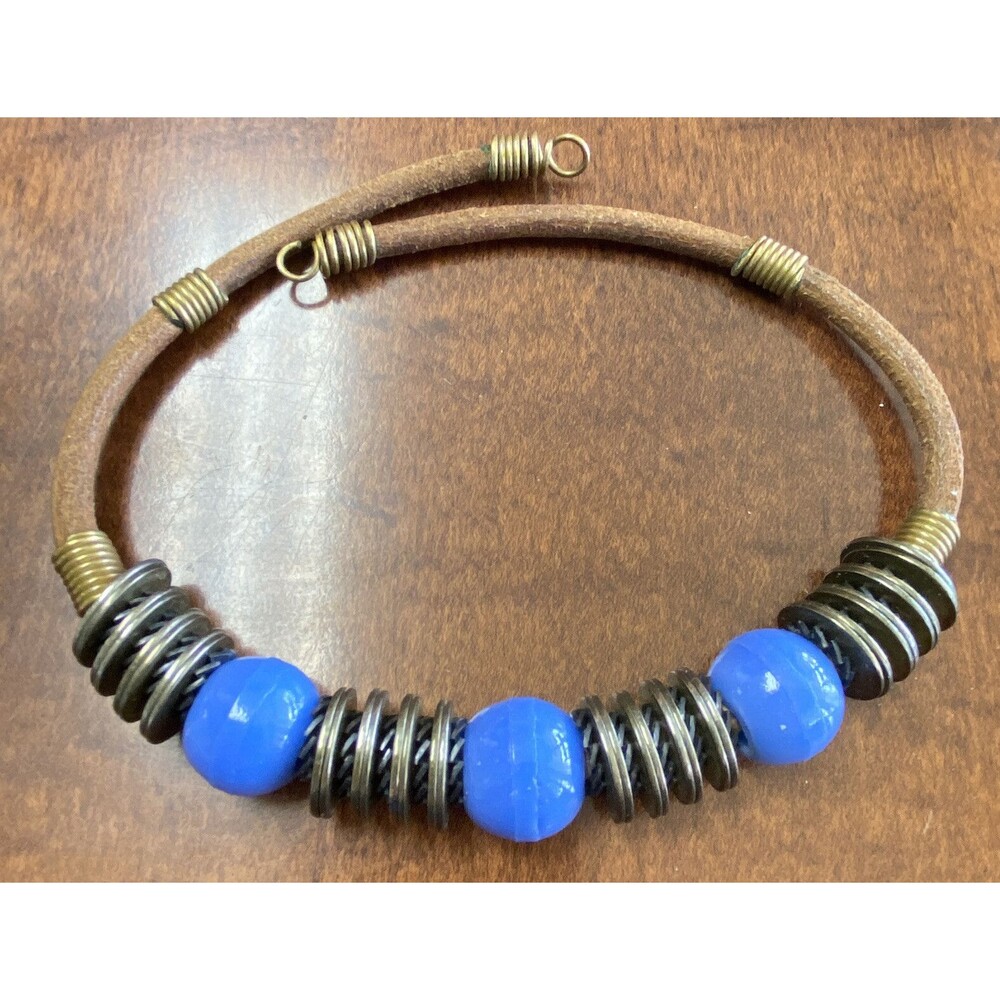 Mens Blue Beaded Leather Necklace Choker Boho Tribal Style Statement Unisex 14”